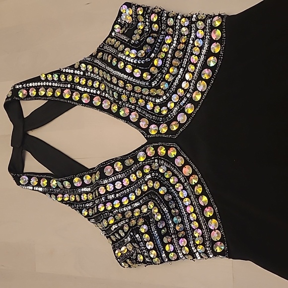 EUC Hailey Logan by Andrianna Papell Beaded Halter Style Open Back Black Gown - Picture 8 of 17